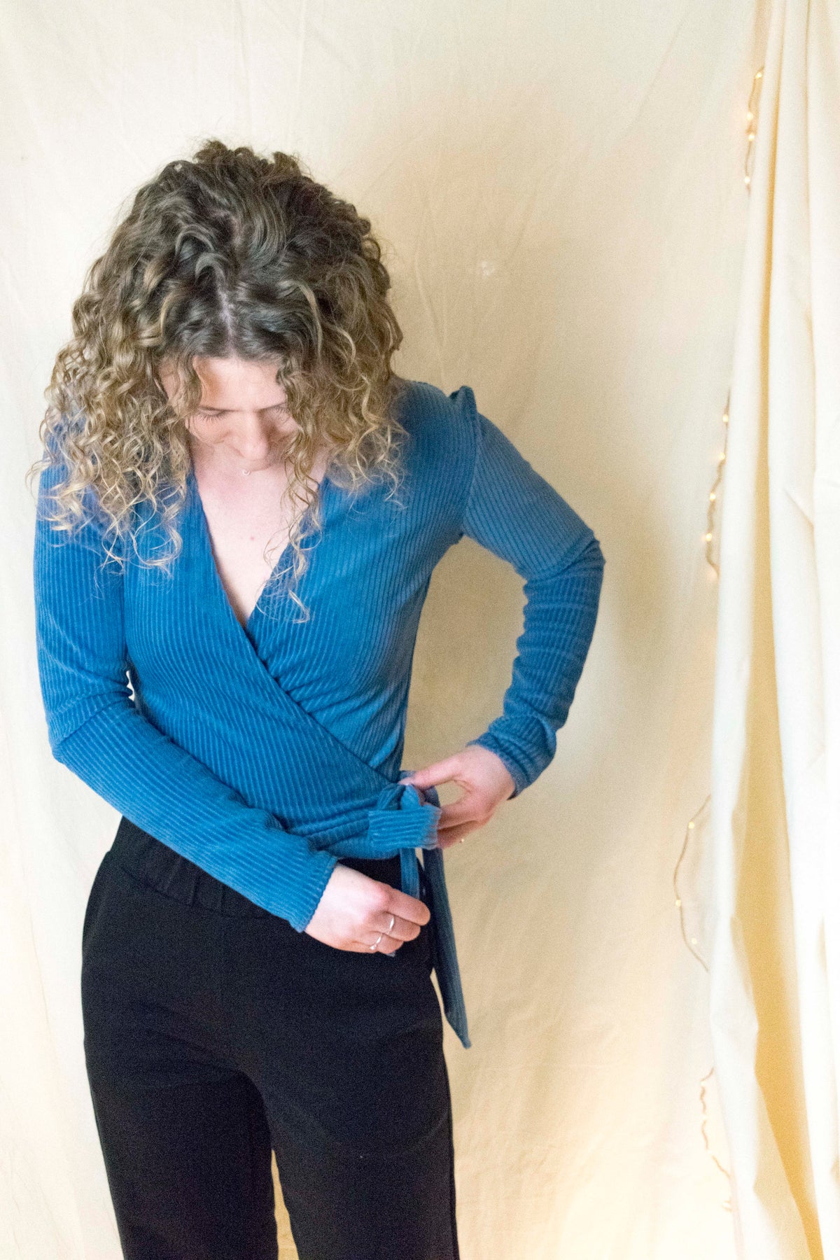 Wrap top rib denim blue