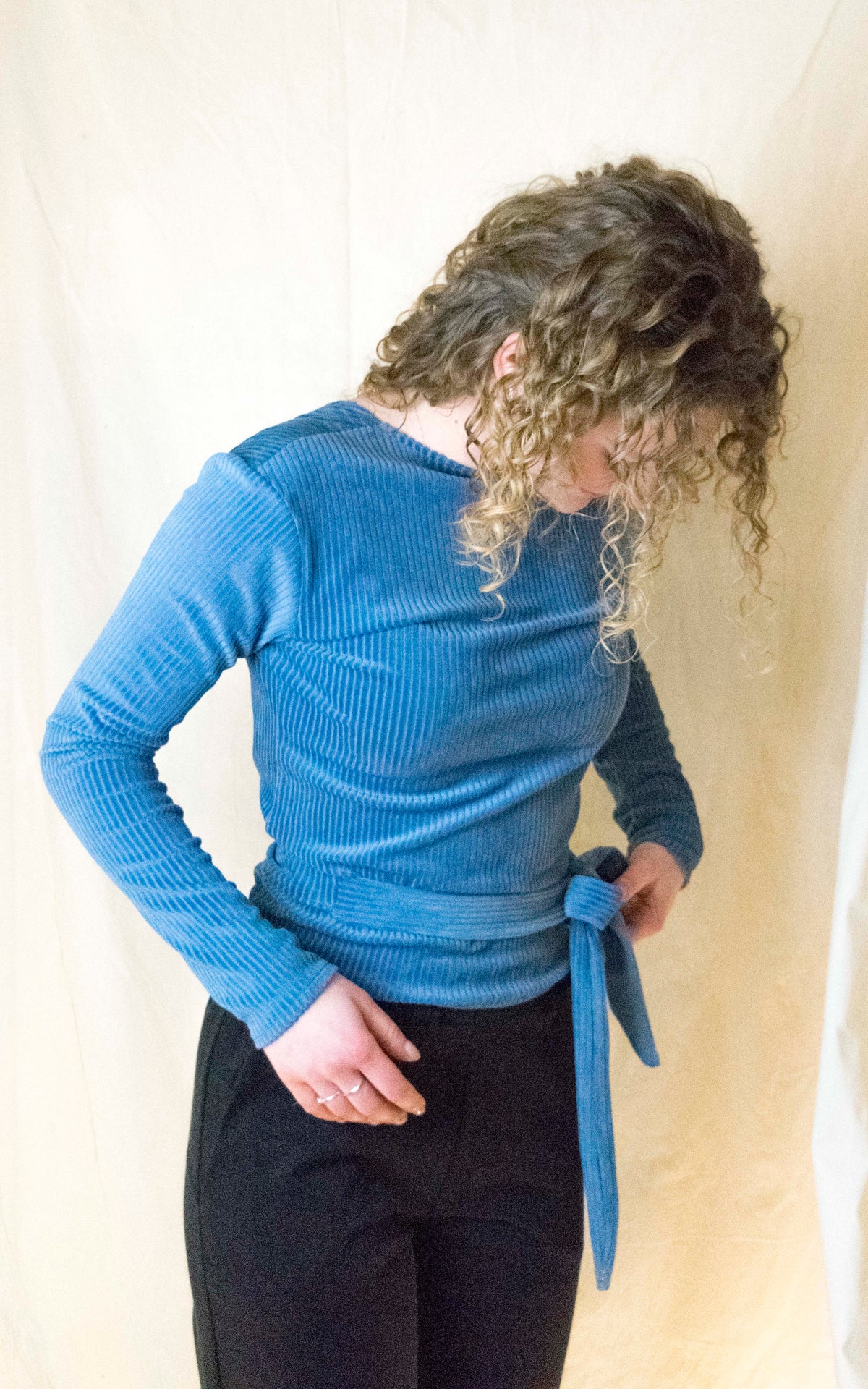 Wrap top rib denim blue